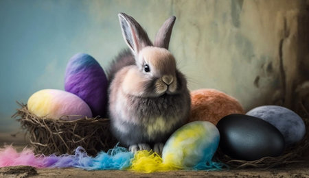 Rainbow colored Easter cute rabbit egg symbol holiday background. hare nature Generated AIの素材
