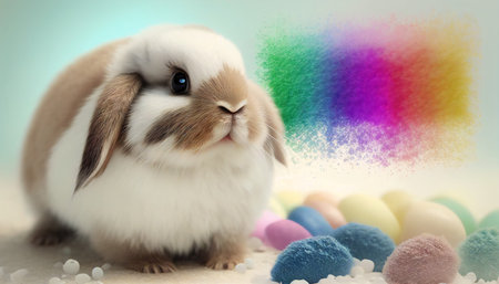 Rainbow colored Easter cute rabbit egg symbol holiday background. pet spring Generated AIの素材