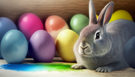 Rainbow colored Easter cute rabbit egg symbol holiday background. spring beautiful Generated AIの素材