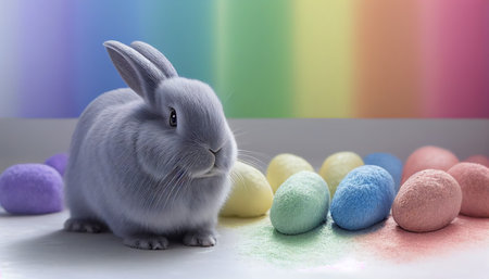 Rainbow colored Easter cute rabbit egg symbol holiday background. bunny pet Generated AIの素材