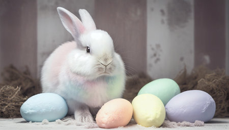 Rainbow colored Easter cute rabbit egg symbol holiday background. bunny colorful Generated AIの素材