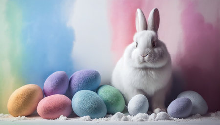 Rainbow colored Easter cute rabbit egg symbol holiday background. little spring Generated AIの素材