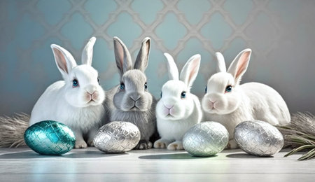Silver Easter cute rabbit egg symbol holiday background. colorful pet Generated AIの素材