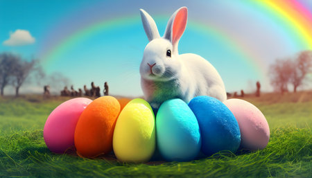 Rainbow colored Easter cute rabbit egg symbol holiday background. young easter eggs Generated AIの素材