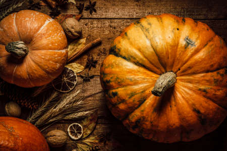 Pumpkins on a rough wooden background, top view. Autumn backgroundの写真素材