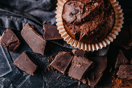 Chocolate cupcake and pieces of chocolate on black background