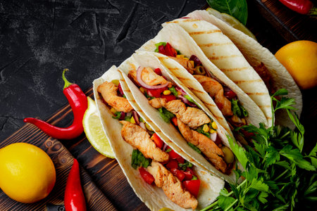 Mexican dish - tacos with chicken and corn on a wooden board and black background, free space for text. High quality photoの写真素材