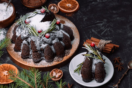 Christmas chocolate cake decorated with berries and rosemary on a black background. High quality photoの写真素材