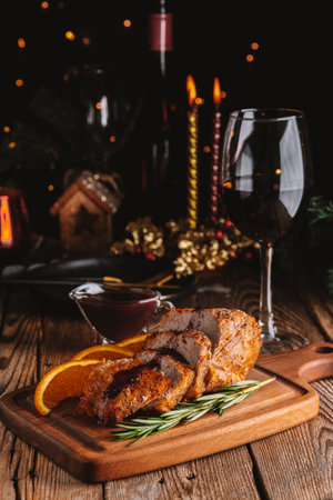 Baked meat with lingonberry sauce and a glass of wine on the christmas table. High quality photoの写真素材