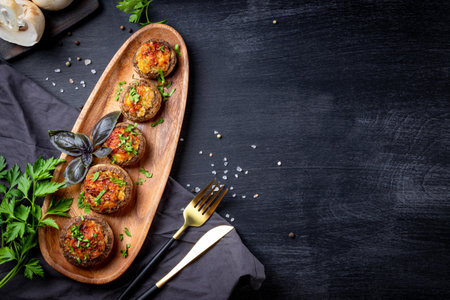 Baked stuffed mushrooms on a wooden plate and black background, top view, copy space. High quality photoの写真素材