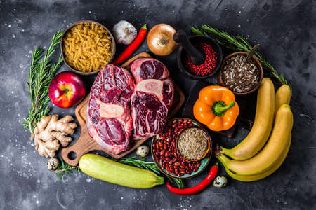 Set of different products for a healthy diet - meat, cereals, vegetables and fruits top viewの写真素材