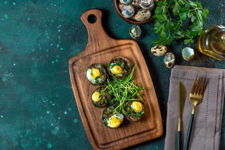 Baked champignons with quail eggs and microgreen garnish on a wooden cutting board, photo with...