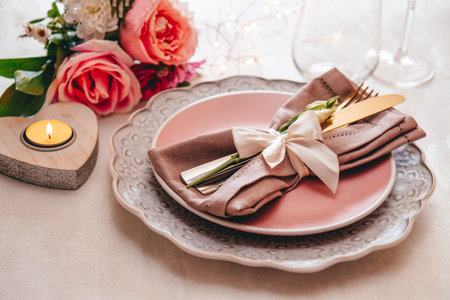 Wedding table setting concept. Plate, cutlery on linen napkin and flowers, close up, toned photo...