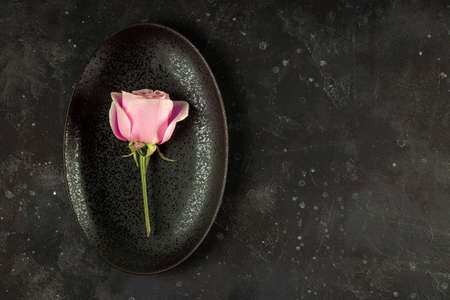 Minimalistic black plate with pink rose on the dark background top view copy space for textの写真素材