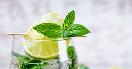 Web banner. Refreshing mojito with lime, mint and ice in a glass on a white background close up, free space for text. Cold summer cocktailの写真素材
