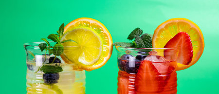 Web banner. Two glasses of refreshing summer lemonade with ice. Cocktail with strawberry and lemon and cocktail with lemon and lime on the green backgroundの写真素材
