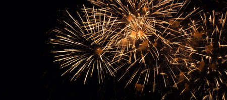 Festive fireworks in the dark night sky, banner for website