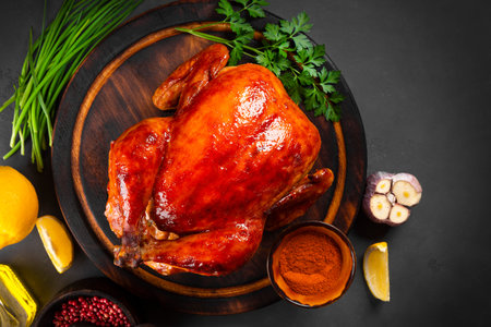 Whole baked chicken in sauce with paprika on a wooden cutting board and ldark gray background top...