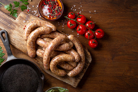 Raw meat sausages from beef and minced pork on wooden cutting board and products for cooking it top...