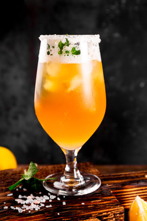 A glass of cold beer with lemon and mint, traditional latin american drink michelada on dark background vertical photoの写真素材