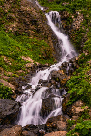 Beautiful mountain waterfall among trees, summer natural background, vertical photoの写真素材