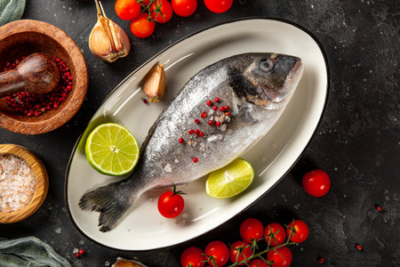 Raw dorado fish with lime and spices for cooking on the dark gray background, top view