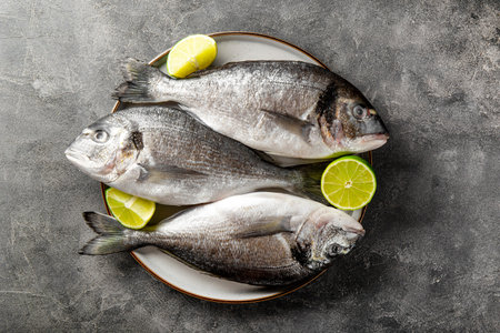 Raw dorado fish with lime on the plate and on the dark gray background, top view. Minimalistic...