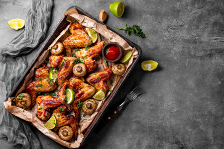 Baked homemade chicken wings with mushrooms and lime, top view, copy space for text. High quality photoの写真素材