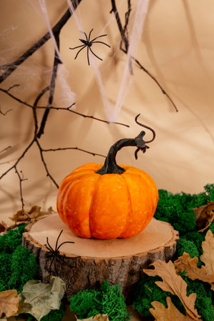 Autumn pumpkin on a wooden podium, cobwebs, branches and spiders. Autumn Halloween concept, vertical photo. High quality photoの写真素材