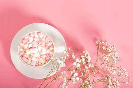 Cup of cocoa with marshmallows and white flowers on a pink background, top view, free space for textの写真素材