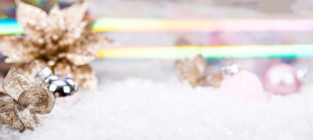 Festive New Year web banner with free space for text. Christmas decoration on a light background, selective focusの写真素材