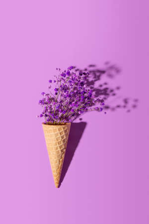Purple flowers in an ice cream cone on a purple background. Creative summer concept, vertical photoの写真素材