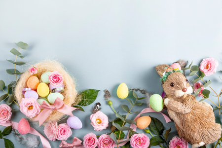 Happy Easter concept with easter eggs, bunny and spring pink flowers. Easter background with copy...