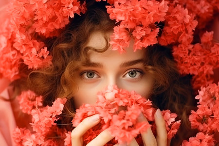 Beautiful woman surrounded by pink spring flowersの素材