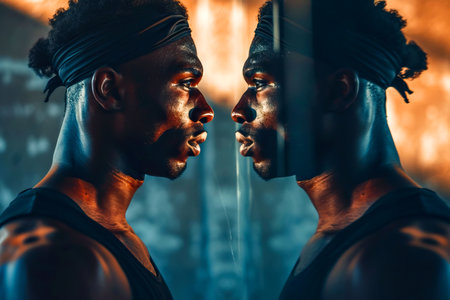 Male athlete looking at his reflection in the mirror. High quality photoの素材