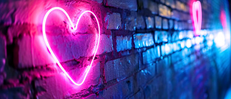 Pink diode neon lamp heart on brick wall, banner for Valentine's Day. High quality photoの素材