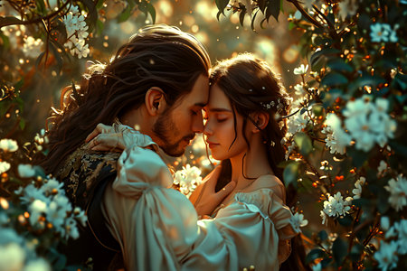 A young couple in fairytale outfits stands hugging in a fairytale blooming forest, king and queen of a school ball, valentine's day or wedding. High quality photoの素材