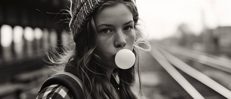 Teenage girl blows a bubble gum bubble and looks at the camera, black and white photo. High quality photoの素材