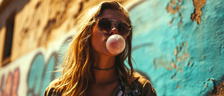Teenage girl in sunglasses blows a bubble gum bubble and looks at the camera. High quality photoの素材