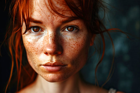 Portrait of sad redhead young woman with brown shiny eyes, red hair and some freckles. High quality photoの素材