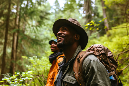 Portrait, smile and black man hiking in the forest for travel, freedom or adventureの素材