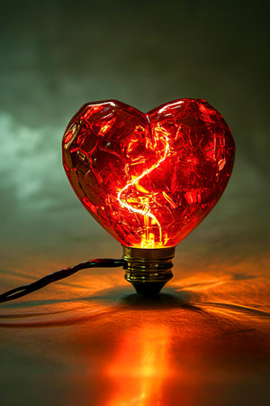 Red glass diode lamp heart, vertical card for Valentine's Day. High quality photoの素材