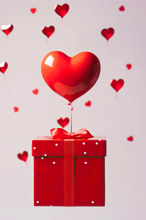 Holiday vertical card for Valentine's Day - red gift box with hearts on light background. High quality photoの素材