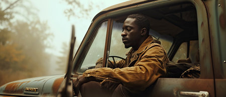 Brutal black truck driver in a shirt sits in his car on a foggy morning. High quality photoの素材