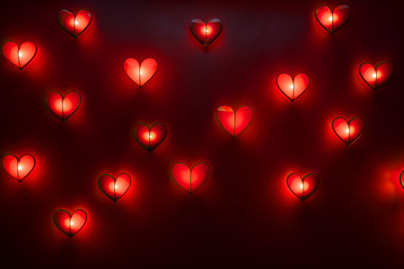 Abstract valentine's day background - dark red wall with lamps and red hearts. High quality photoの素材