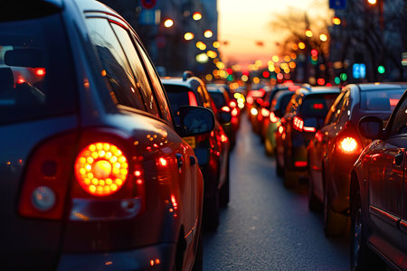 Cars stand in a city traffic jam. High quality photoの素材