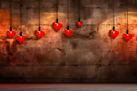 Abstract valentine's day background - dark concrete wall with lamps and red hearts - copy space for text. High quality photoの素材