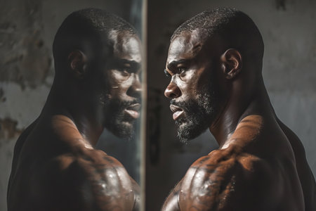 Male athlete looking at his reflection in the mirror. High quality photoの素材