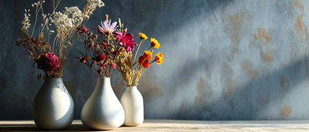 Ceramic vases with branches and flowers against the background of a blue wall, shadows from sunlight. High quality photoの素材