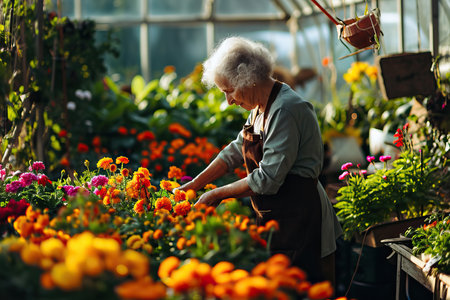 smiling senior woman farmer working in greenhouse with flowersの素材